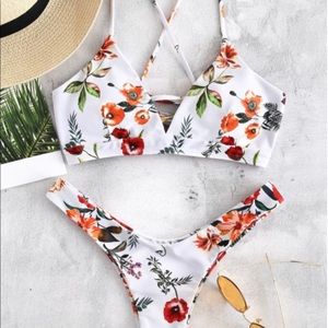 White Floral Bikini with Thong Bottom - NEW